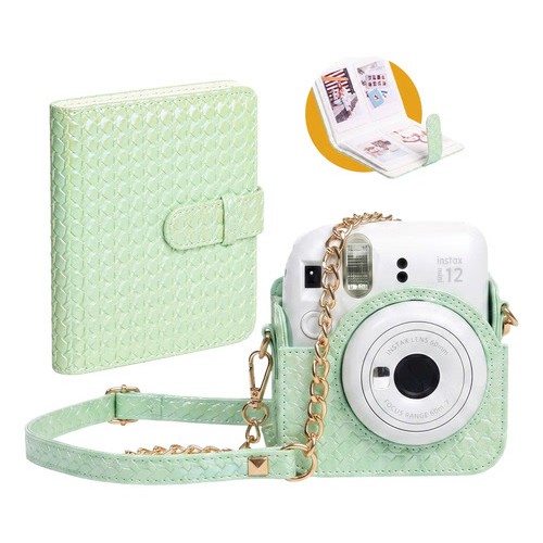 Kit Bolsa Case Verde Iridescente Instax Mini 11 12 + Álbum 64 Fotos e Alça Ajustável Couro PU