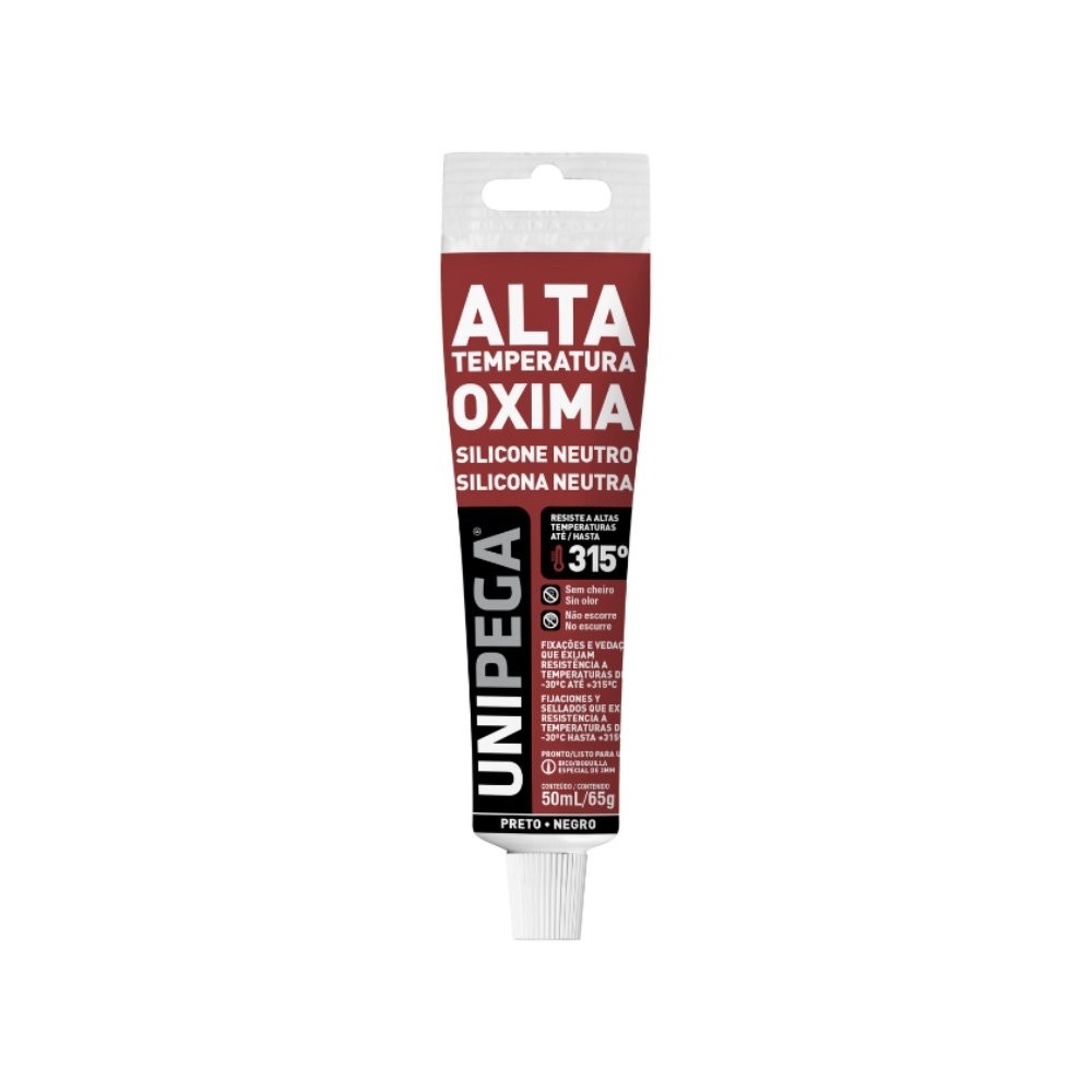 Silicone Alta Temperatura 50Gr Neutro Bisnaga Plástica Gancheira Unipega Preto
