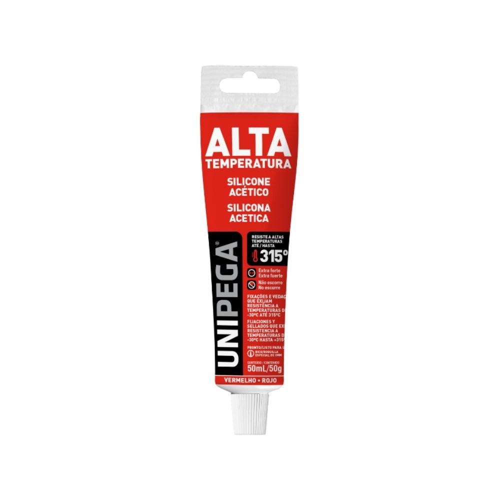 Silicone Alta Temperatura 50Gr Neutro Bisnaga Plástica Gancheira Unipega Vermelho