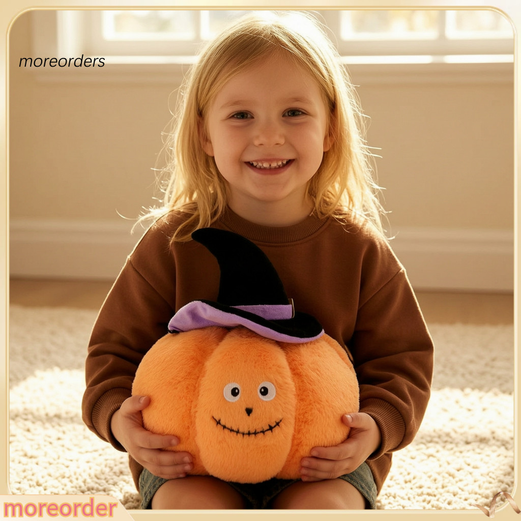 Halloween Plush Smiling Pumpkin Toy with Witch Hat – Cute Orange Stuffed Doll Soft Cartoon Pillow for Autumn Holiday D