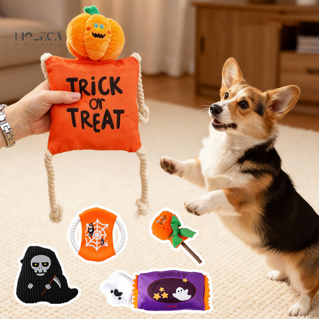 Plush Toys for Dogs Durable Dog Chew for Chewers Halloween Toy Squeaky Pumpkin Grim Reaper Spider Ghost for Small to Bre