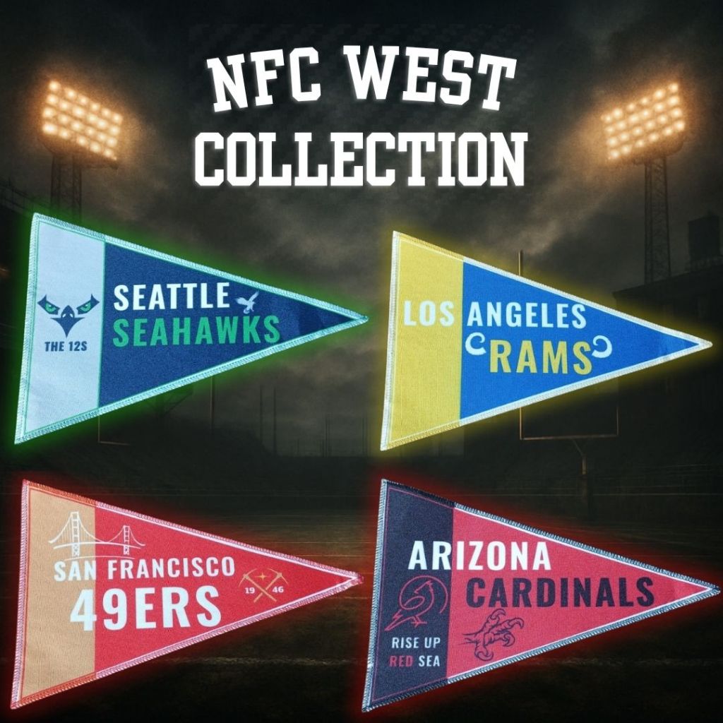 Kit 4 Flâmulas Decorativas NFL – NFC West | 49ers, Seahawks, Cardinals, Rams | 20x30cm