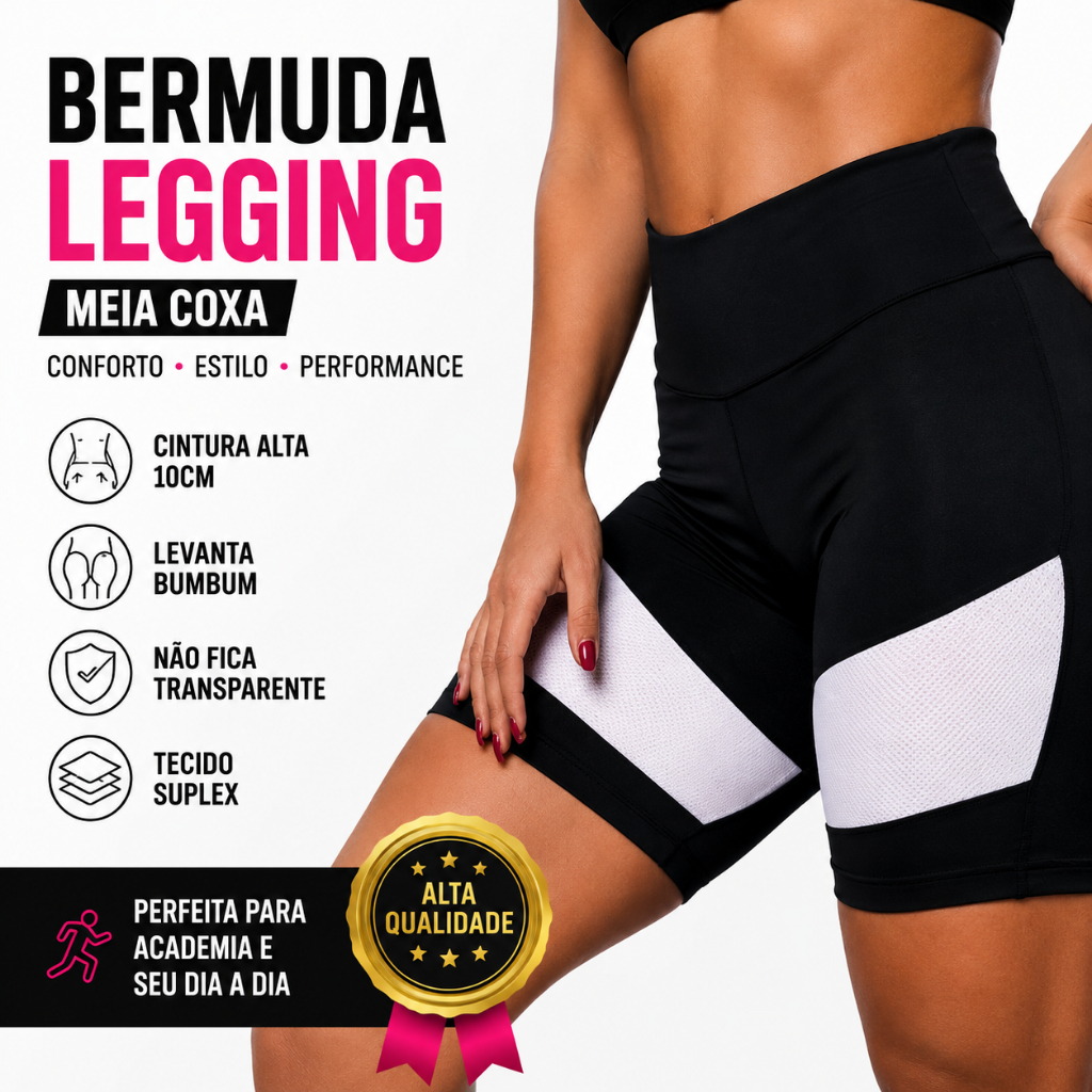 Bermuda Legging  com detalhe ou Short Legging Meia Coxa Curto Fitness Academia Levanta Bumbum Cintura Alta 10cm