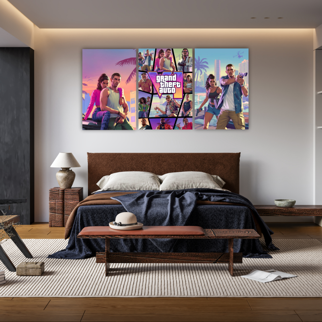 Quadro Decorativo Gta 6 Grand Theft Auto Jogo Cj Para Parede Decoração Quarto Gamer - 3 Peças -