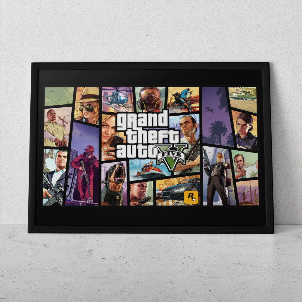 Quadro Decorativo Com Moldura Grande GTA 5 Grand Theft Auto Five Gamer Decoração & Parede
