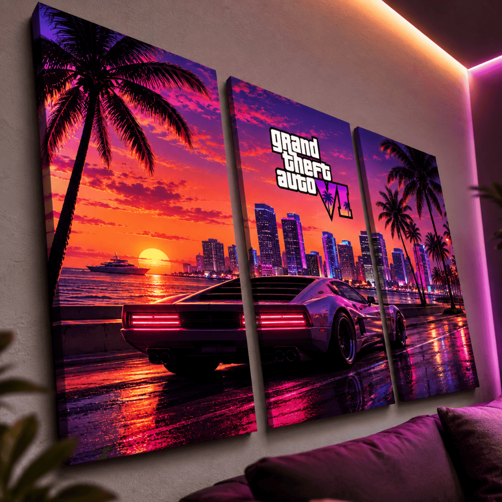 Quadro Decorativo GTA VI Grand Theft Auto 6 Kit 3 Peças Gamer Decoração Quarto Setup Gamer Geek Jogos