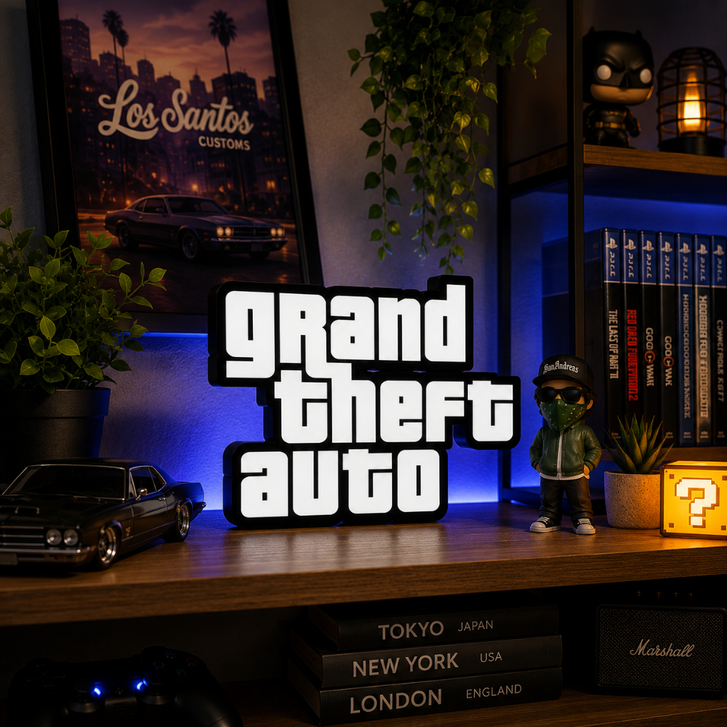 Letreiro Placa Decorativa Gamer Geek Jogo Gta San Andreas Grand Theft Auto Setup Gamer Símbolo Logo