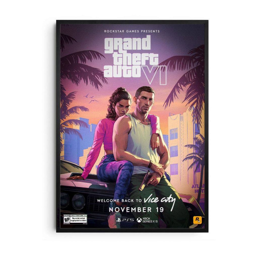 Quadro GTA 6 Grand Theft Auto VI Poster Decorativo Gamer Arte Minimalista Moldura Premium Quarto Geek Setup Rockstar