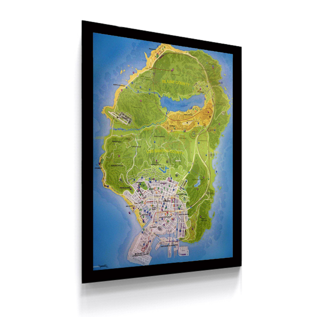 Pôster Quadro Decorativo Mdf Grand Theft Auto V Gta 5 Mapa Game Tamanho 21x30 30x42 ou 33x60