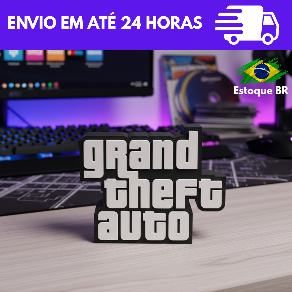 Placa Decorativa Gamer GTA Grand Theft Auto – Letreiro para Quarto Gamer, Setup e Decoração Geek