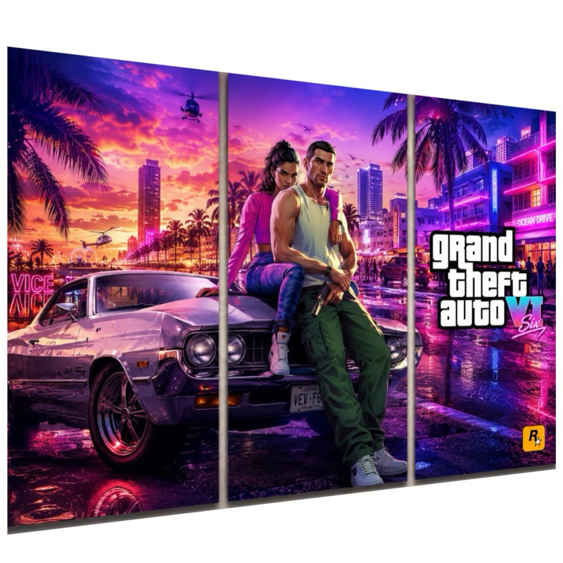 Quadros Decorativos GTA 6  Grand Theft Auto VI, 3 Peças Decoração Quarto Sala Escritório