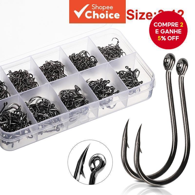 100/200/300/400/500/600 Pcs Fishing Hook Set, Mixed Sizes, High Carbon Steel Offset Round Hooks