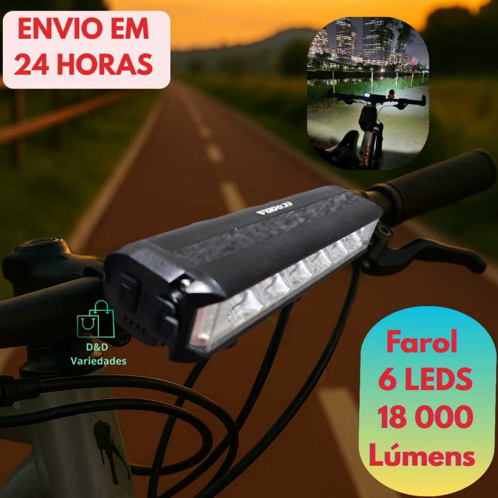 Super Farol de Bicicleta Recarregável – 6 LEDs | 18.000 Lúmens | Alta Iluminação Noturna