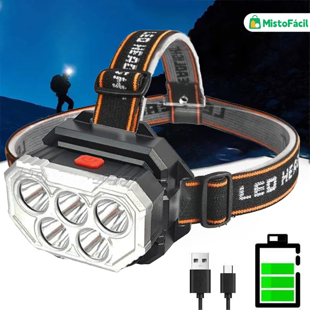 Farol USB recarregável Ipx5 (2.000 lúmens, usado para pesca, Camping e emergência (Sensor de toque)
