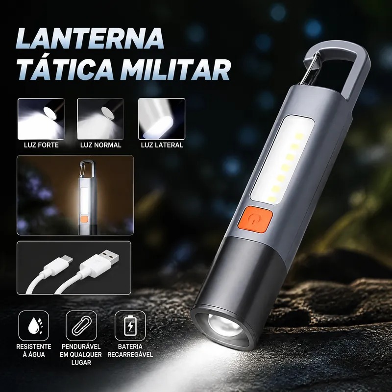 2/4Kit Lanterna tática led recarregável com função de gancho e Zoom luz lateral usb de 1.000 lúmens