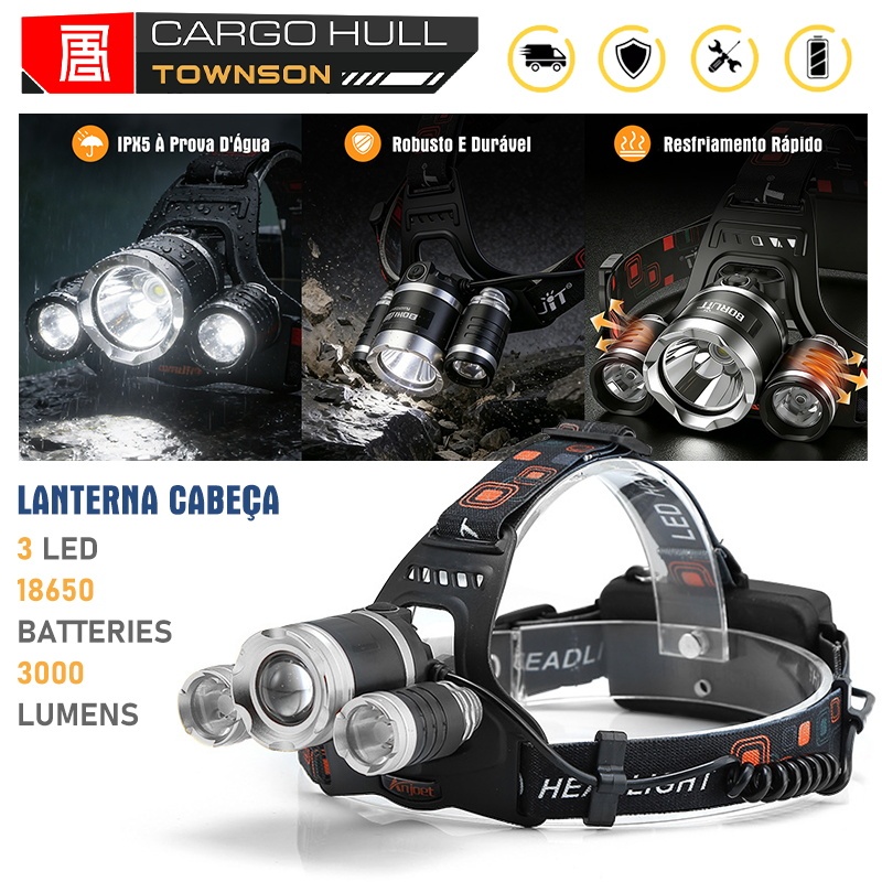 Lanterna de Cabeça LED 3.000 Lumens Recarregável USB 3 Luzes Fortes com Fita Ajustável