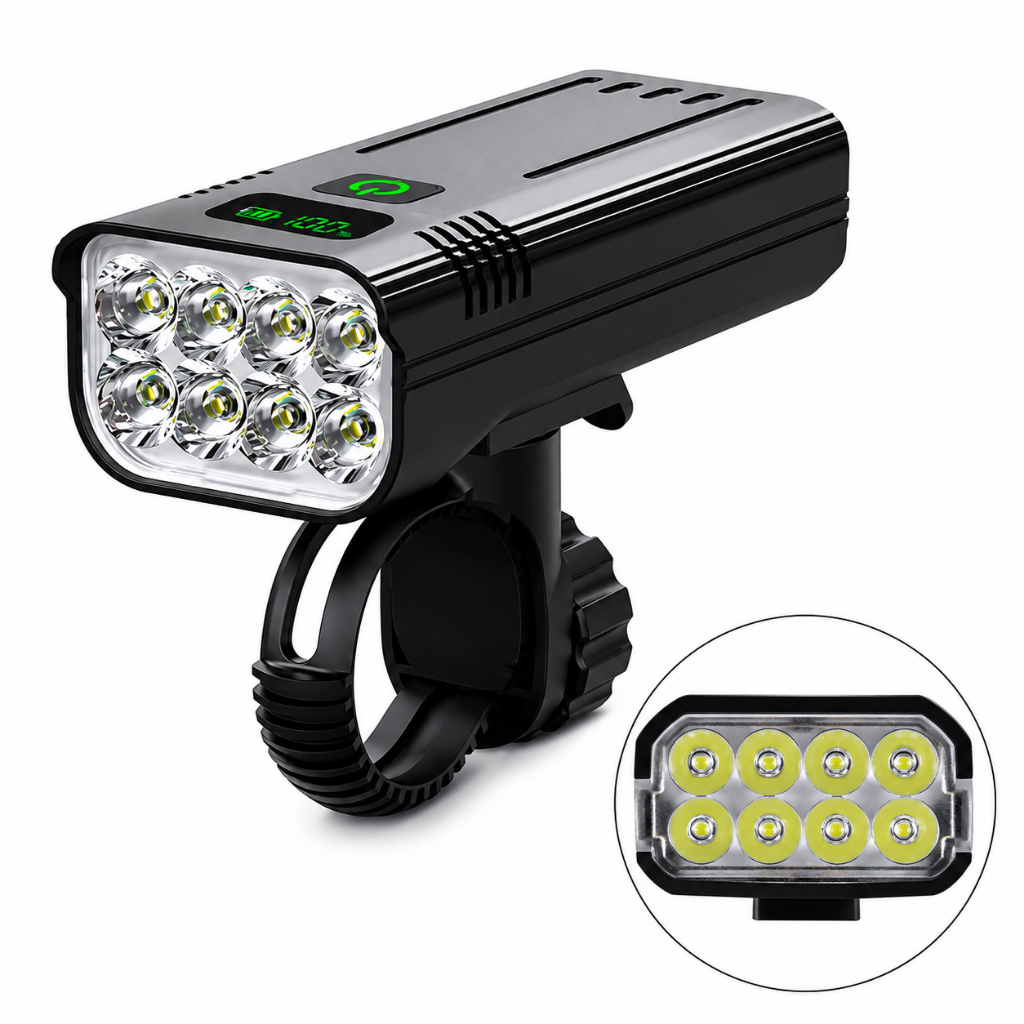Lanterna 8 Leds Recarregável PowerBank 10.000 Luméns Bicicleta Farol Bike USB