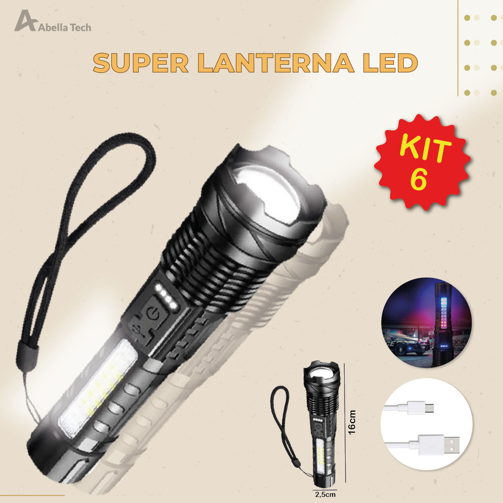 Kit 6 Super Lanterna Tática Led 20.000 Lumens Recarregável USB a Prova Dágua Lanterna com 5 Modos
