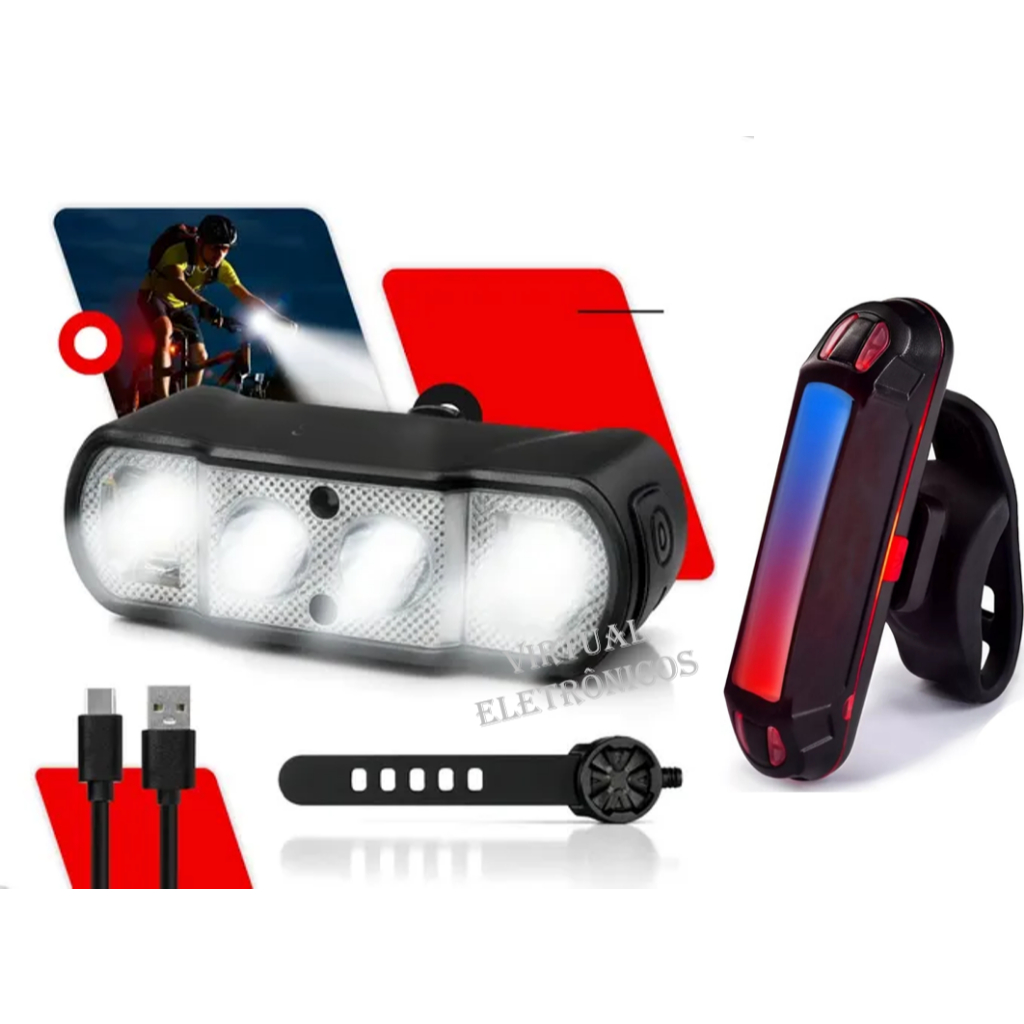 Farol 6 Led Lanterna Usb Bike Ultra Potente 2.000 Lumens JWS + Sinalizador Traseira 2 Cores