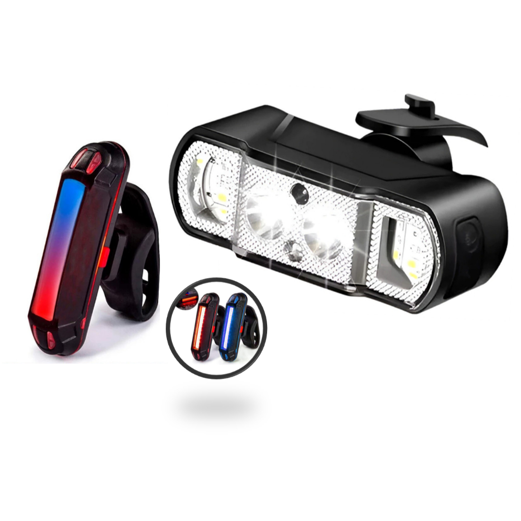 Kit Farol 6 Led Lanterna Usb Bike Ultra Potente 2.000 Lumens JWS + Sinalizador USB Duas Cores