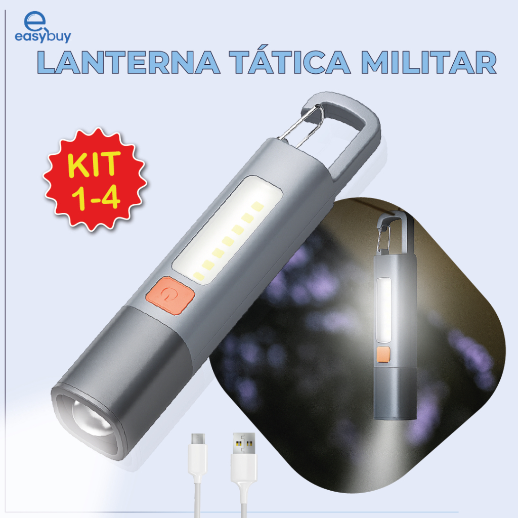 Lanterna tática led recarregável com função de gancho e Zoom luz lateral usb de 1.000 lúmens