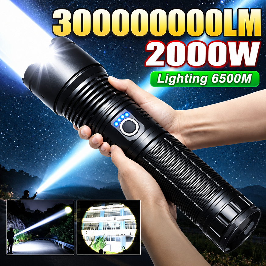 Lanterna LED 100.000 Lúmens Recarregável – Extremo Alcance, Para Camping, Trabalho e Casa