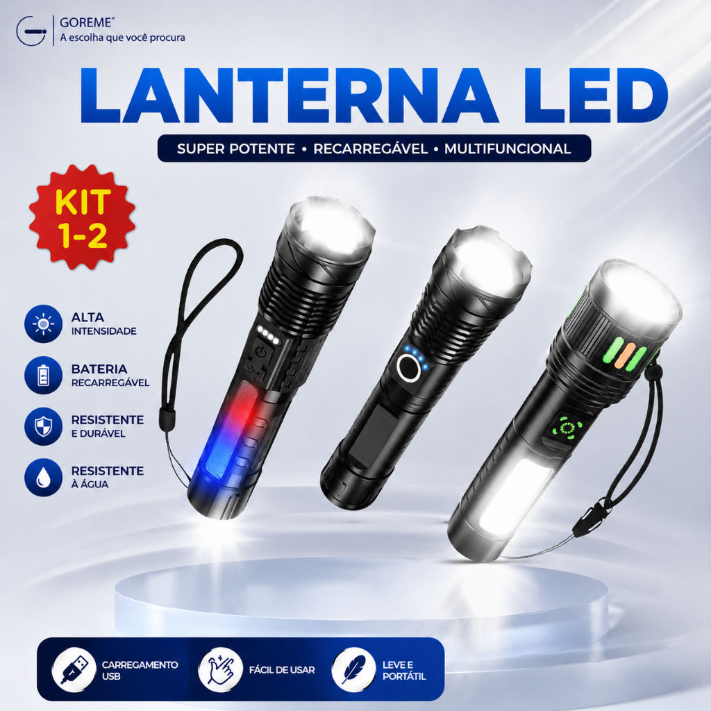 Lanterna LED Recarregável Tática Zoom Ajustável Modelos Titanium Pro 20.000 Lúmens T9 T50