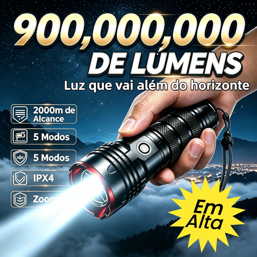 Lanterna Tática 900,000,000 Lúmens – 2000m de Alcance, Zoom, 5 Modos, Bateria 38650, Estoque, IPX4 S2 X58