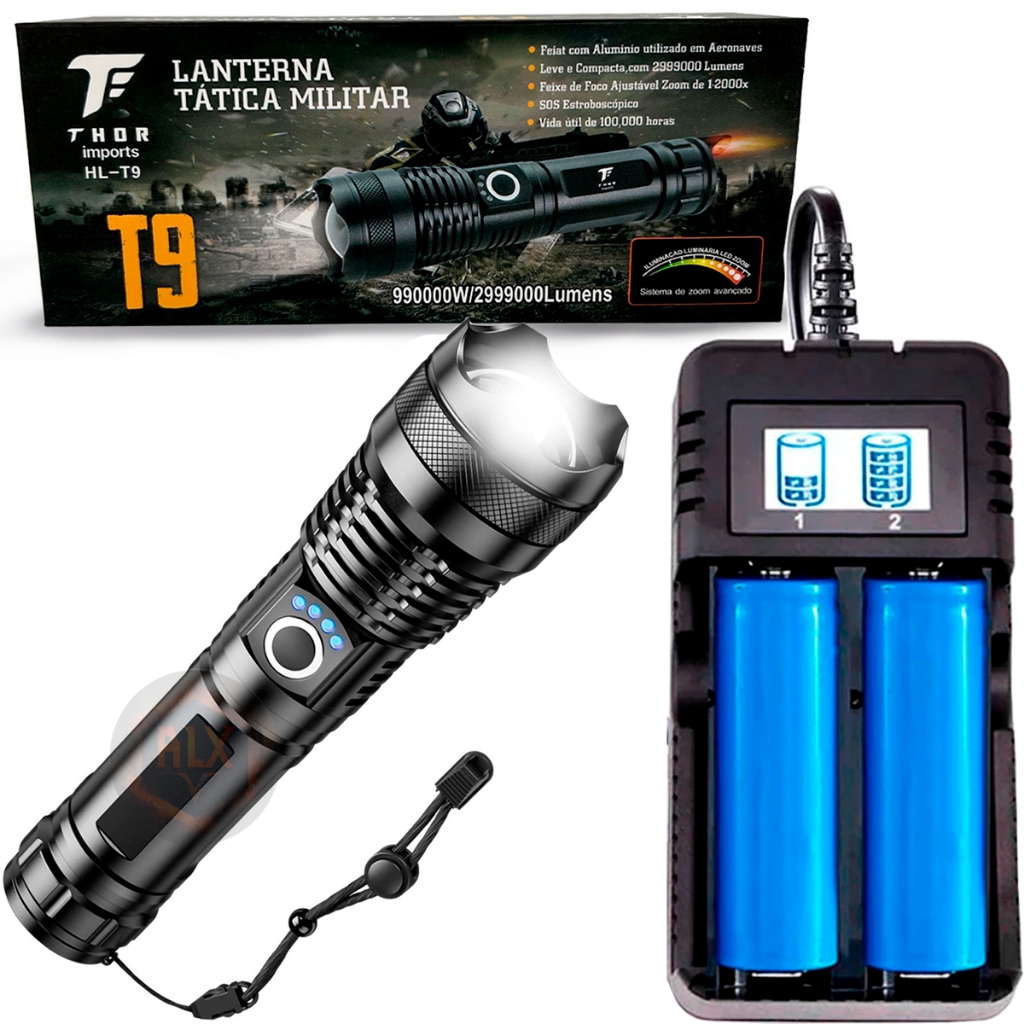 Lanterna Tática LED T9 2.990.000 Lúmens + Carregador Duplo Inteligente Display digital Longo Alcance, Recarregável