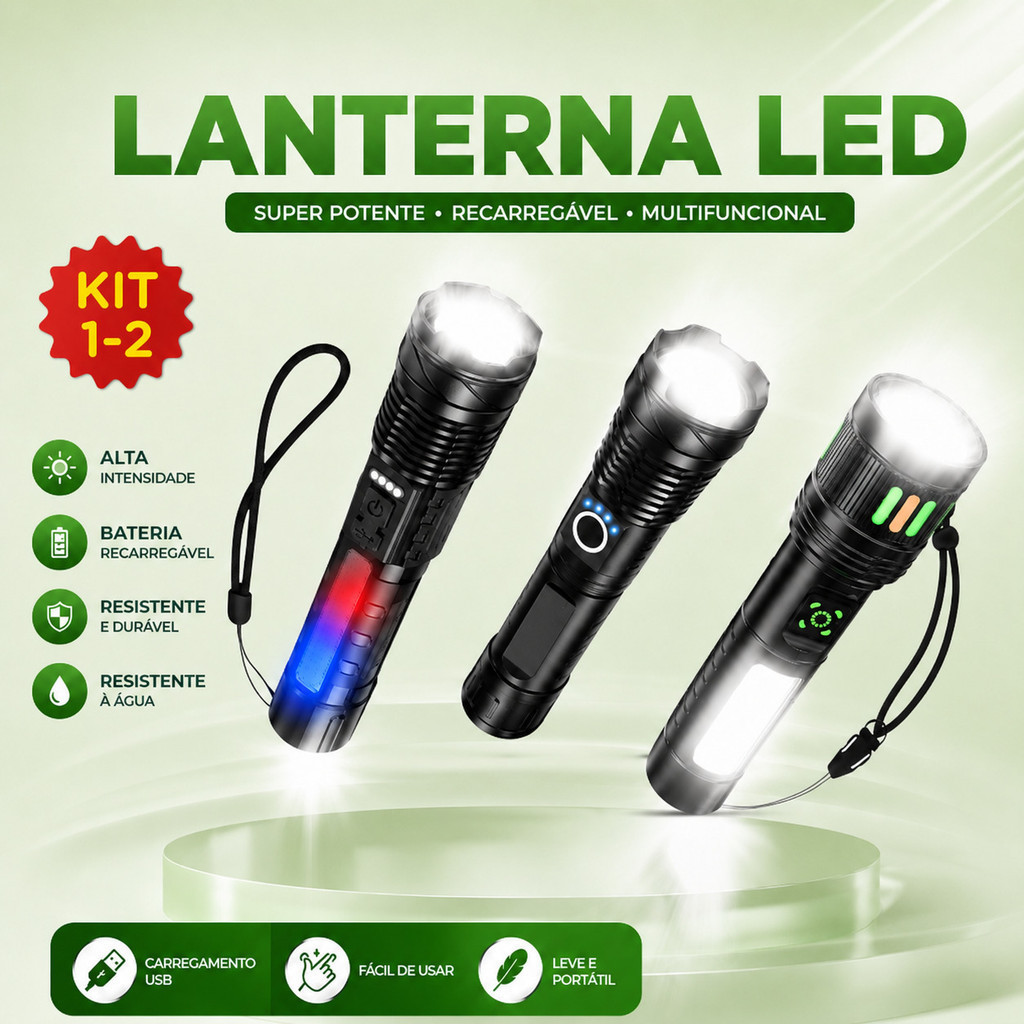 Lanterna LED Recarregável Tática Zoom Ajustável Modelos Titanium Pro 20.000 Lúmens T9 T50