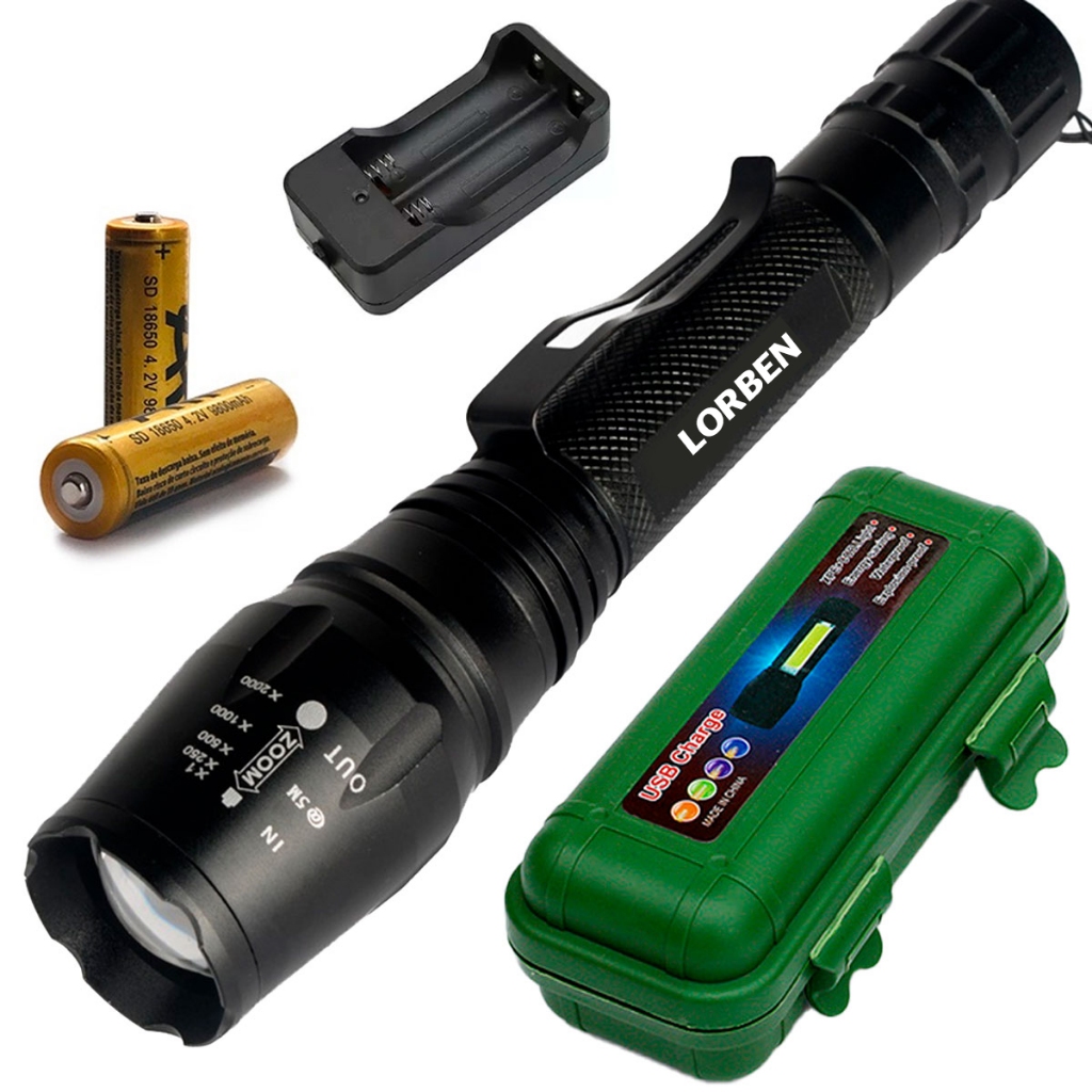 Lanterna LED CREE XML T6 Tática Lorben 2.140.000 Lúmens 788.000W Zoom de 1x a 2000x