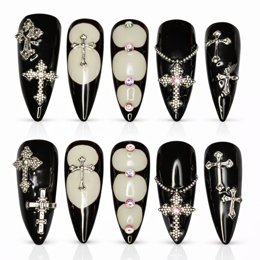 Unhas Rolling Cross Dark Cathedral Preto e Branco com Cruzes Decoradas e Corrente Elegante Luxo