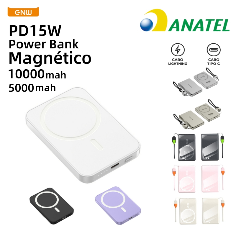 Power Bank Indução Magnética P2C Y058 5000mAh e R62L 10000mAh - MagSafe - Carga Sem Fio Universal