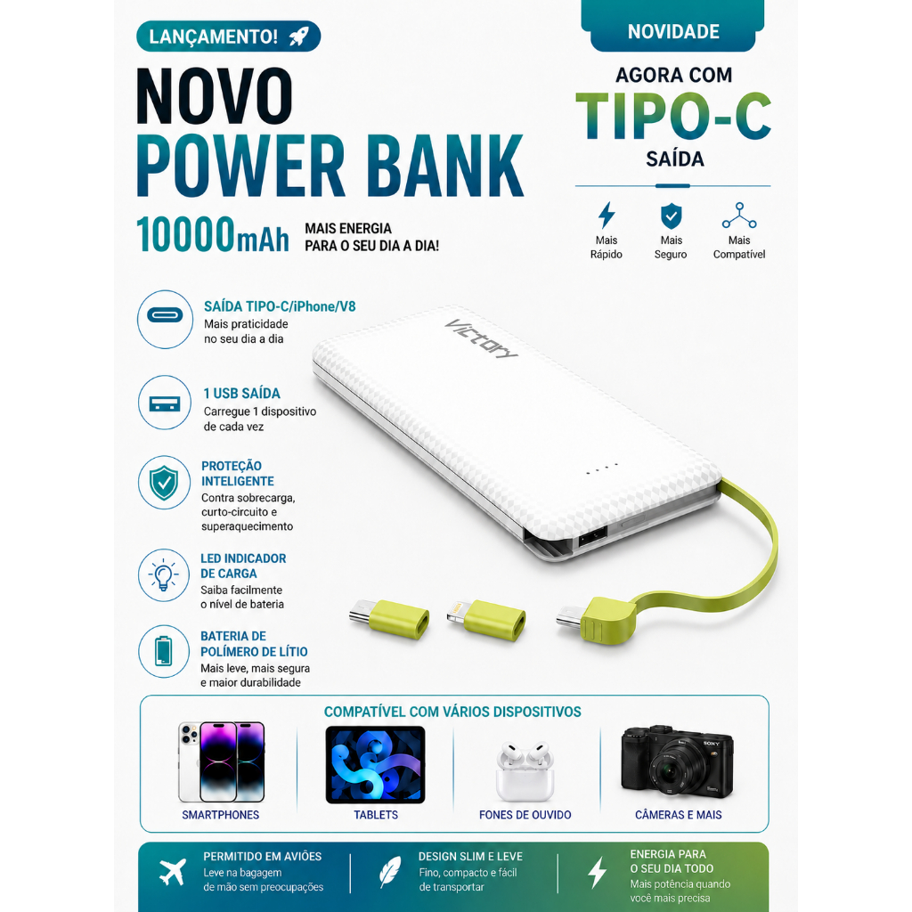 Power Bank 10000mAh 5000mAh Carregador Portátil 3 Saídas V8 iPhone Tipo-C Carga Rápida Compacto