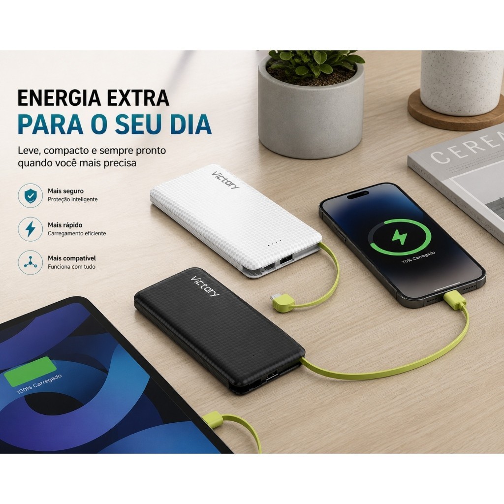 Power Bank 10000mAh 5000mAh Carregador Portátil 3 Saídas V8 iPhone Tipo-C Carga Rápida Compacto