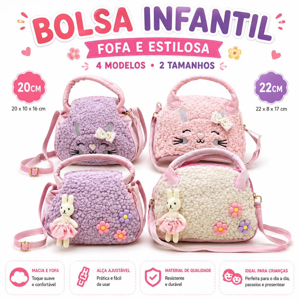 Bolsa Infantil Pelúcia Menina Bolsa Transversal de Ombro Bolsa de Mão Coelhinho Fofa Presente Infantil 20cm 22cm