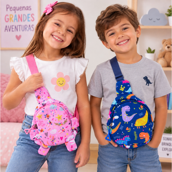Bolsa Infantil Transversal Menino Menina Estampada Alça Ajustável