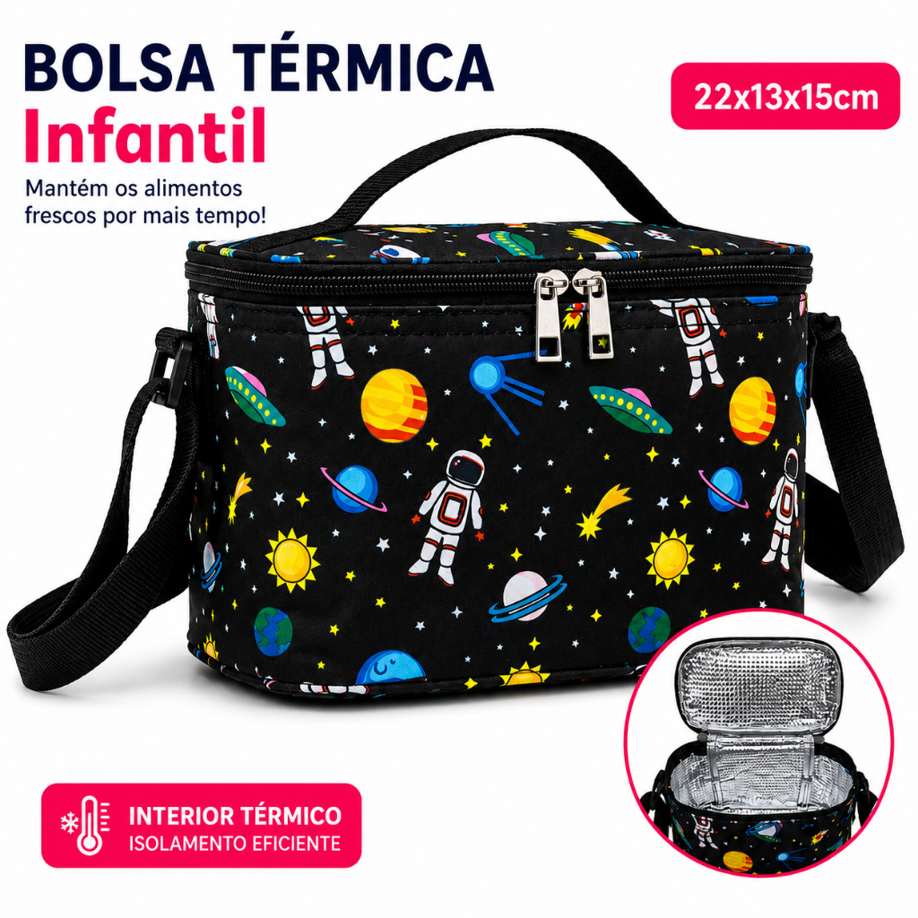 Lancheira Infantil Térmica Grande 22cm | Bolsa de Almoço Escolar Impermeável | Mantém Quente e Frio | Menina Menino