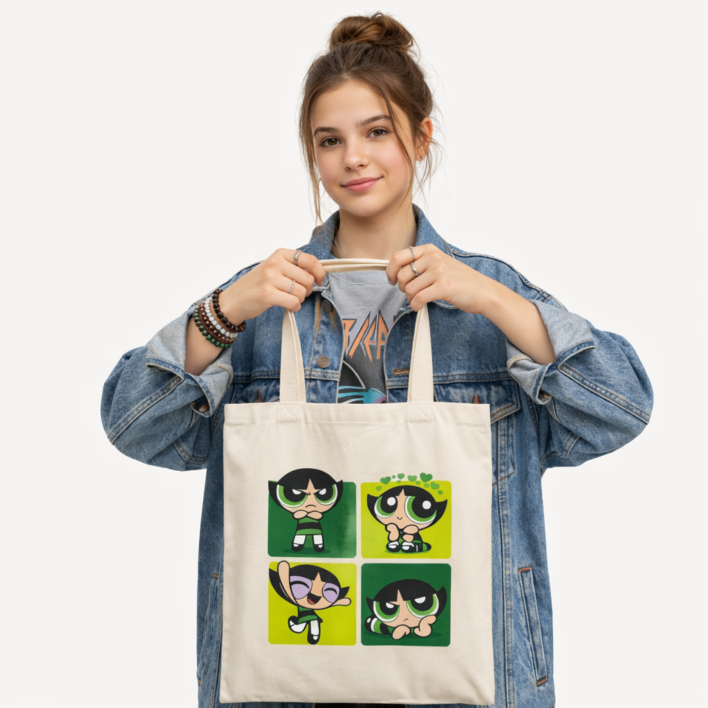 Bolsa Sacola Lateral Estampa Docinho meninas super poderosas Grande De Ombro Ecobag de algodão cru menina criança