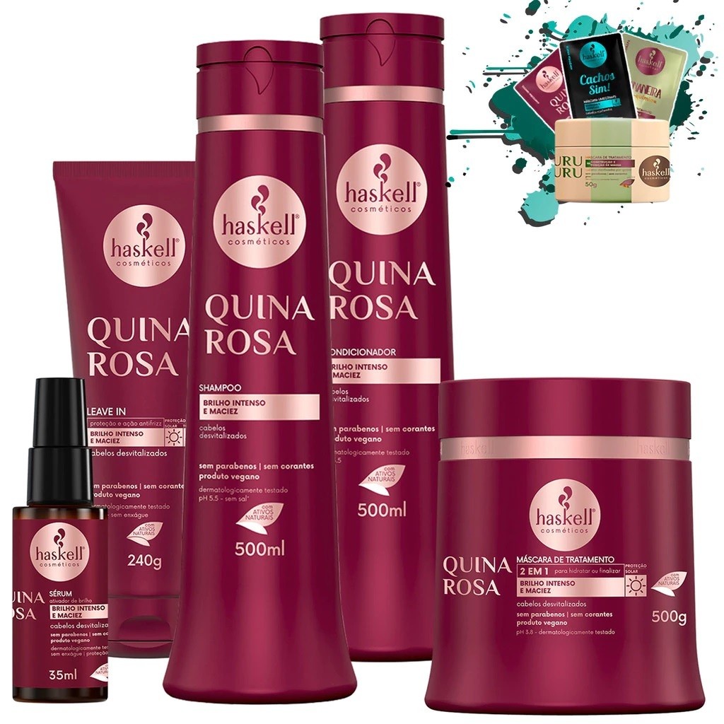 Shampoo Condicionador e Másc 500ml/gr + leve in 240gr + Serum 35ml Quina Rosa Haskell