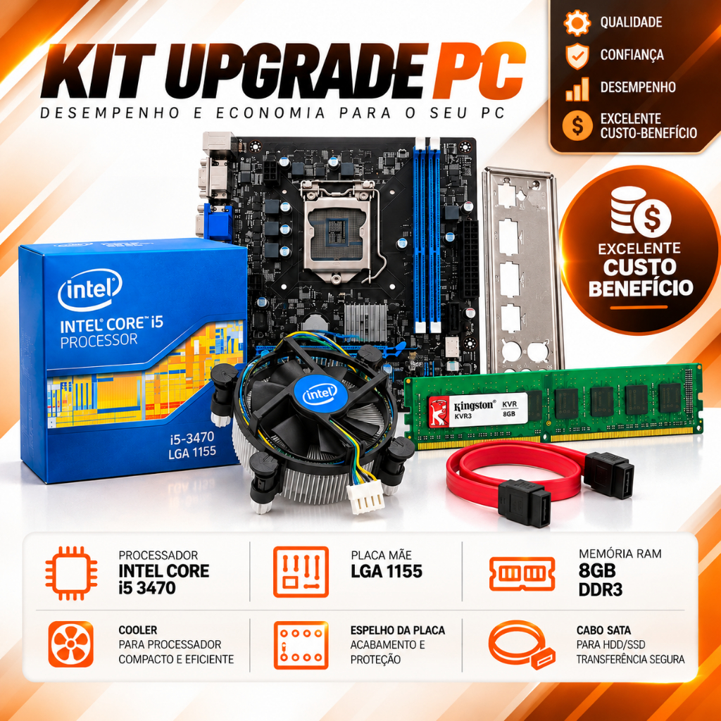 Kit Upgrade Intel Core I5 34570 8GB Ram DDR3 1600Mhz Placa H61 LGA 1155 Micro ATX Pronto Para Uso