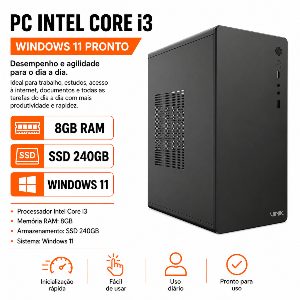 PC Intel Core i3 8GB RAM SSD 240GB Windows 11 | Pronto para Uso