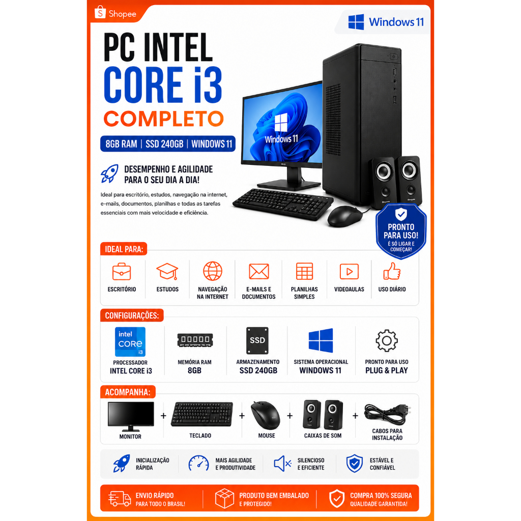 PC Intel Core i3 Completo 8GB RAM SSD 240GB Windows 11 | Pronto para Uso