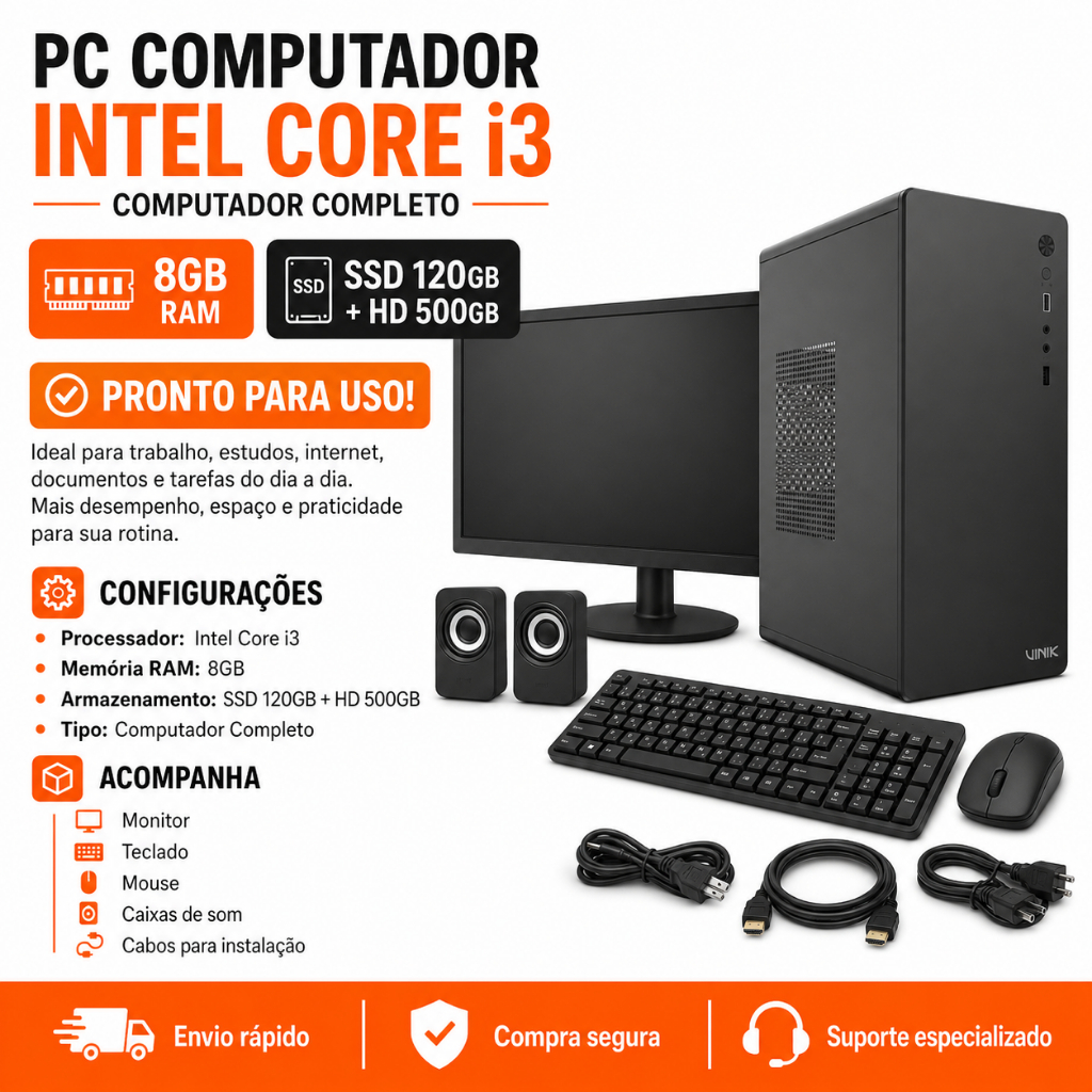 PC Intel Core i3 Completo 8GB RAM SSD 120GB + HD 500GB Windows 11 | Pronto para Uso