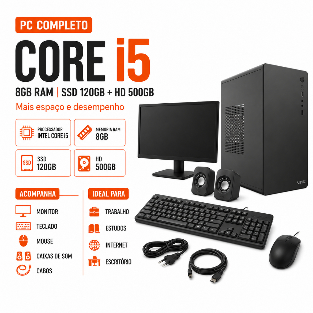 PC Intel Core i5 Completo 8GB RAM SSD 120GB + HD 500GB Windows 11 | Pronto para Uso