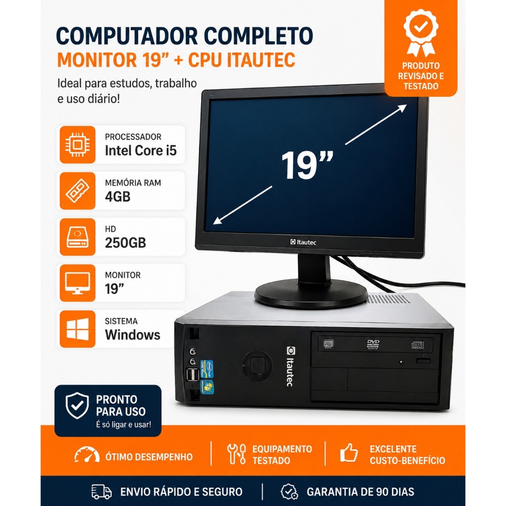 PC Completo Intel pentium G2020 + Monitor 19” | 4GB RAM + HD 160GB | Pronto para Uso + Teclado e Mouse Grátis