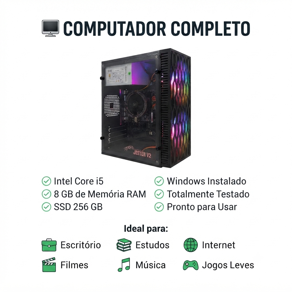 Computador Completo Intel Core i5-3470 8GB RAM SSD 256GB Windows 10 Pro Home Office Escritório Pronto para Usar