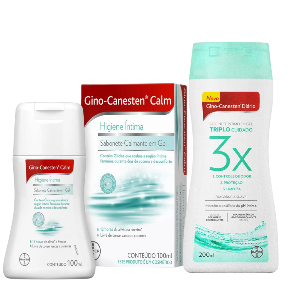 KIT Gino-Canesten Sabonete Íntimo Triplo Cuidado 3x Fragrância  Suave 200ml + Calmante em Gel 100ml