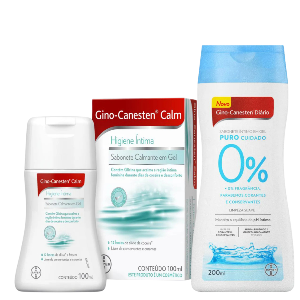 KIT Gino-Canesten Sabonete ÍntimoCuidado Diaro Puro Cuidados 0% Limpeza Suave 200ml + Calmante em Gel 100ml