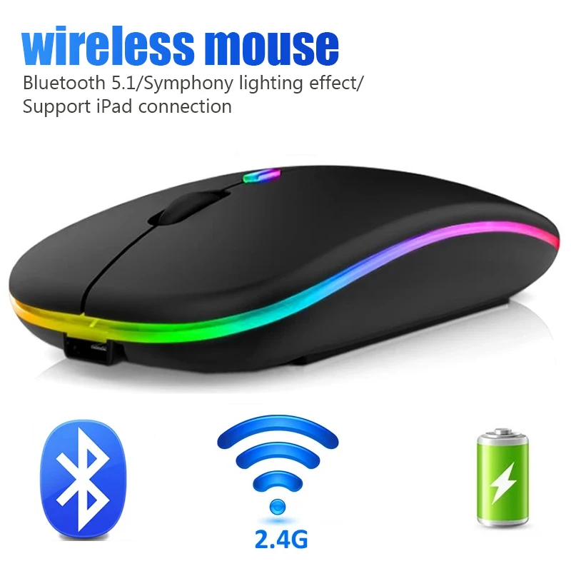Mouse ergonômico sem fio para jogos, silencioso, LED retroiluminado, Bluetooth, RGB, recarregável,apto para laptop e PC.
